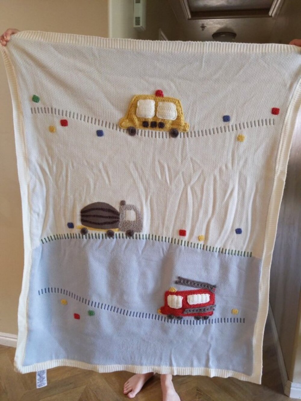 Pottery Barn "Things That Go" Heirloom Baby Blanket Monogram removed
